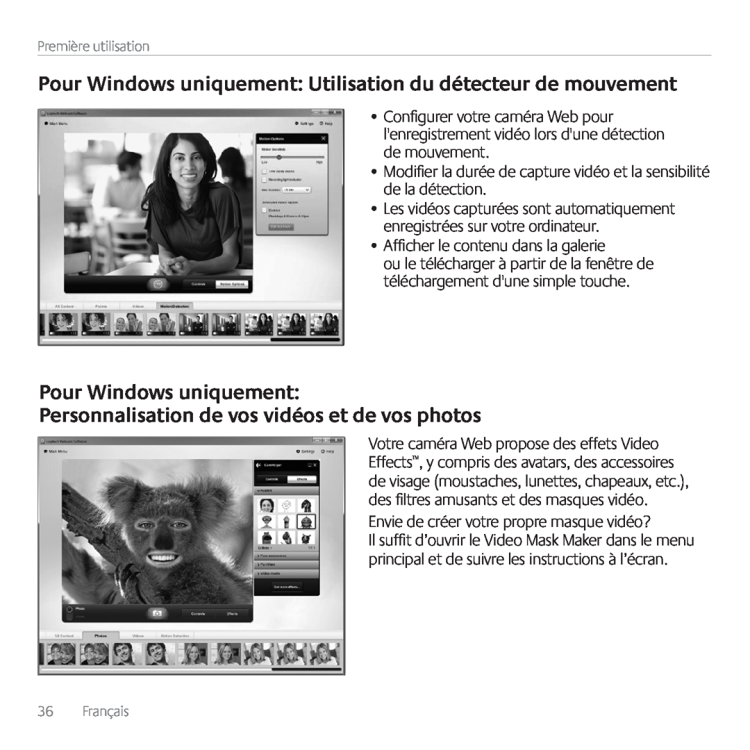 Logitech C615 manual Pour Windows uniquement Utilisation du détecteur de mouvement, Première utilisation, Français 